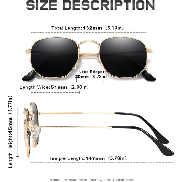 Unisex Gold Black Trendy Square Hexagonal Mirrored Sun Glasses UV Protection